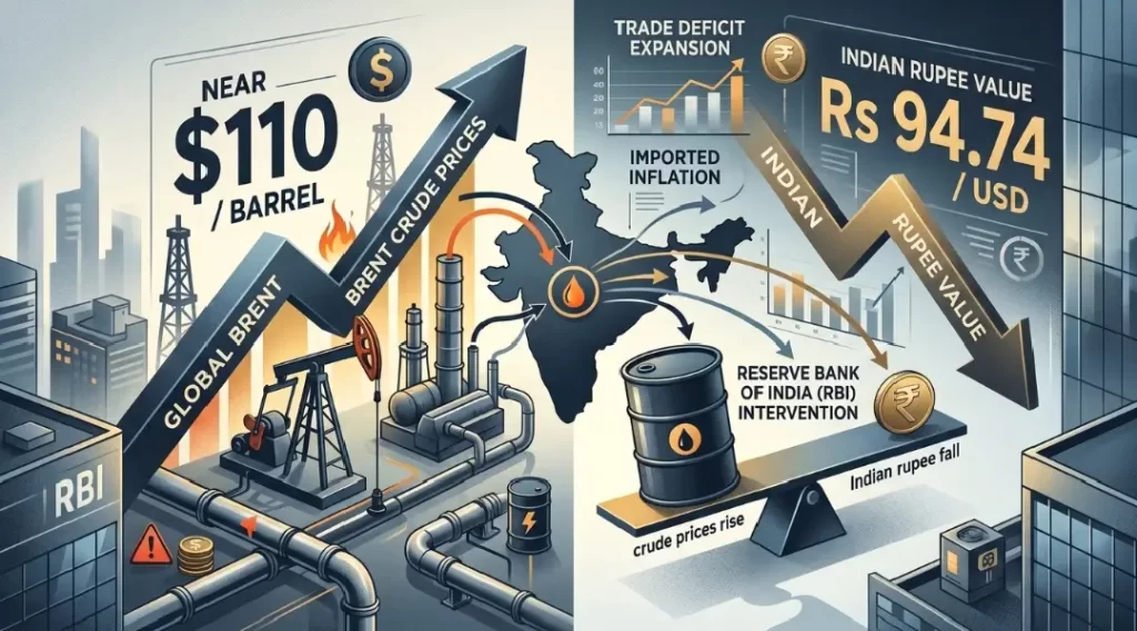 As Brent crude prices rise, the Indian rupee opens 20 paise lower at Rs 94.74.
