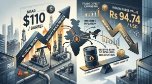 As Brent crude prices rise, the Indian rupee opens 20 paise lower at Rs 94.74.