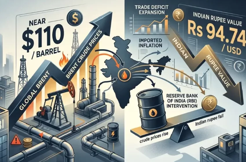 As Brent crude prices rise, the Indian rupee opens 20 paise lower at Rs 94.74.