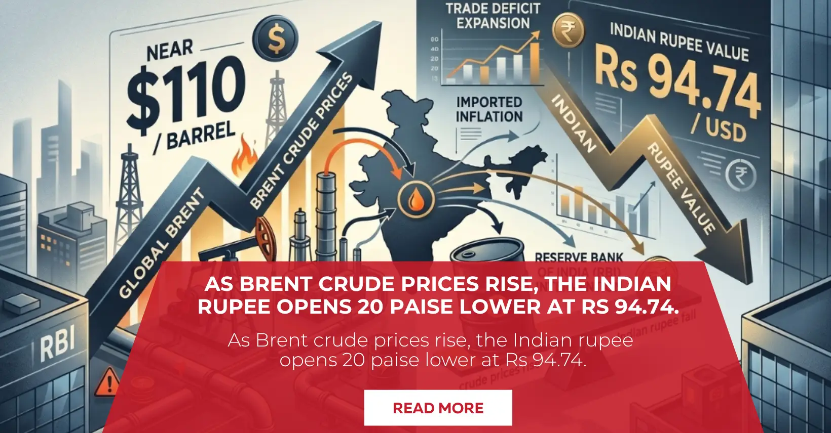 As Brent crude prices rise, the Indian rupee opens 20 paise lower at Rs 94.74.